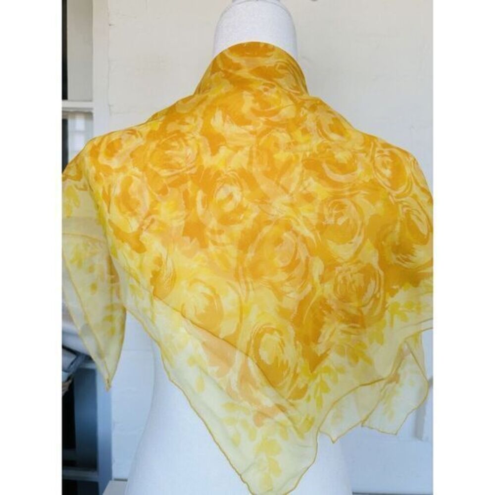 Vintage Vera Neumann 100% Silk Hand Rolled Scarf Japan Yellow Brown Floral 30x30